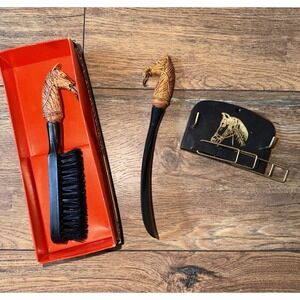 Vtg 1950s Brown Horse Tie Rack-Wall Plaque Brush -n- Shoehorn Made in Hong Kong